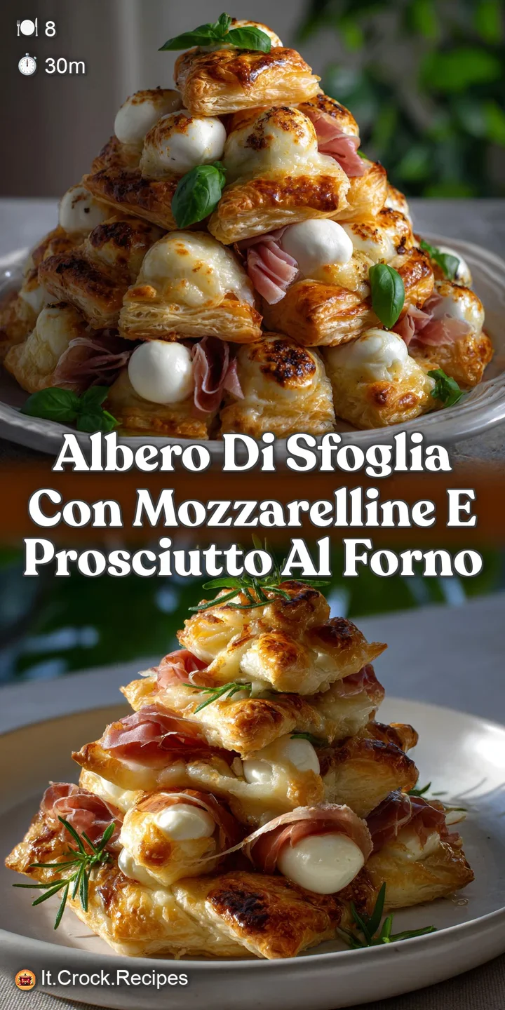 Close-up of bubbling mozzarella and delicately browned prosciutto nestled within layers of golden, flaky puff pastry.