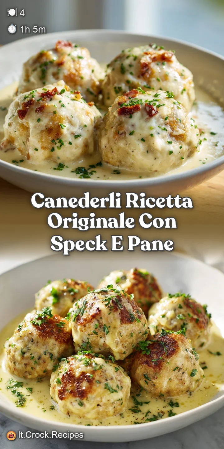 Close-up of a hearty bread dumpling with visible herbs. The warm broth creates a gentle sheen, hinting at comfort and savo...