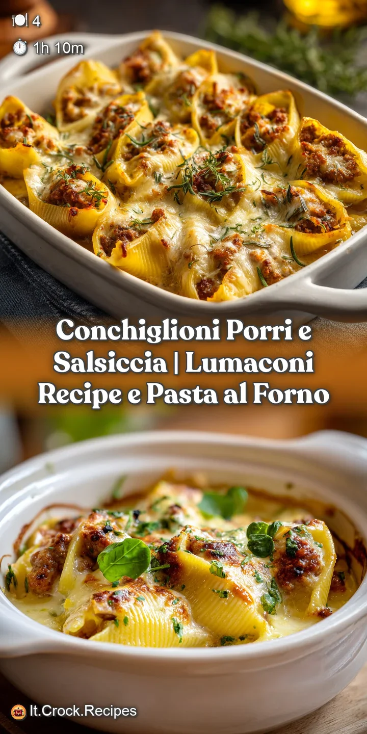 Close-up of tender, creamy sausage and leek filling nestled within large, golden-baked seashell pasta.