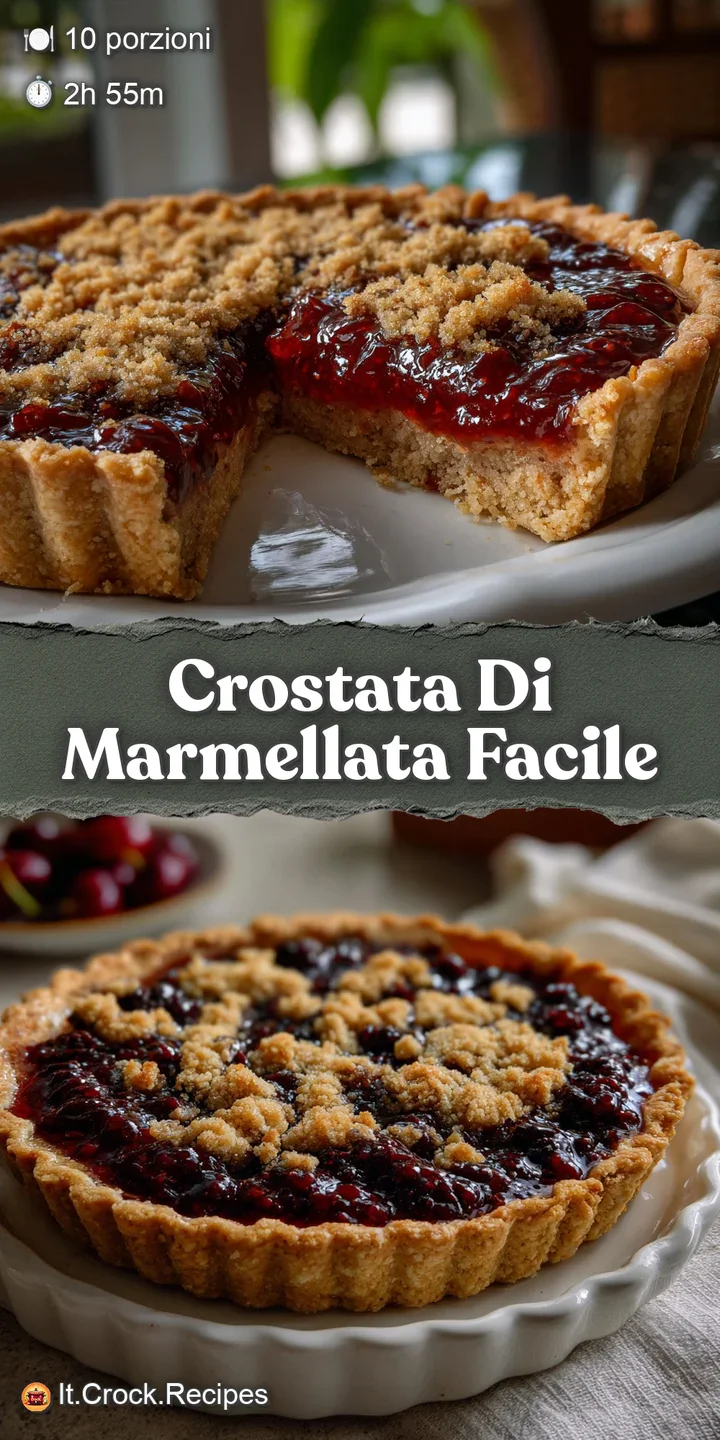 Close-up of a homemade jam tart: bubbling dark red jam peeks through the golden, slightly cracked pastry lattice crust.