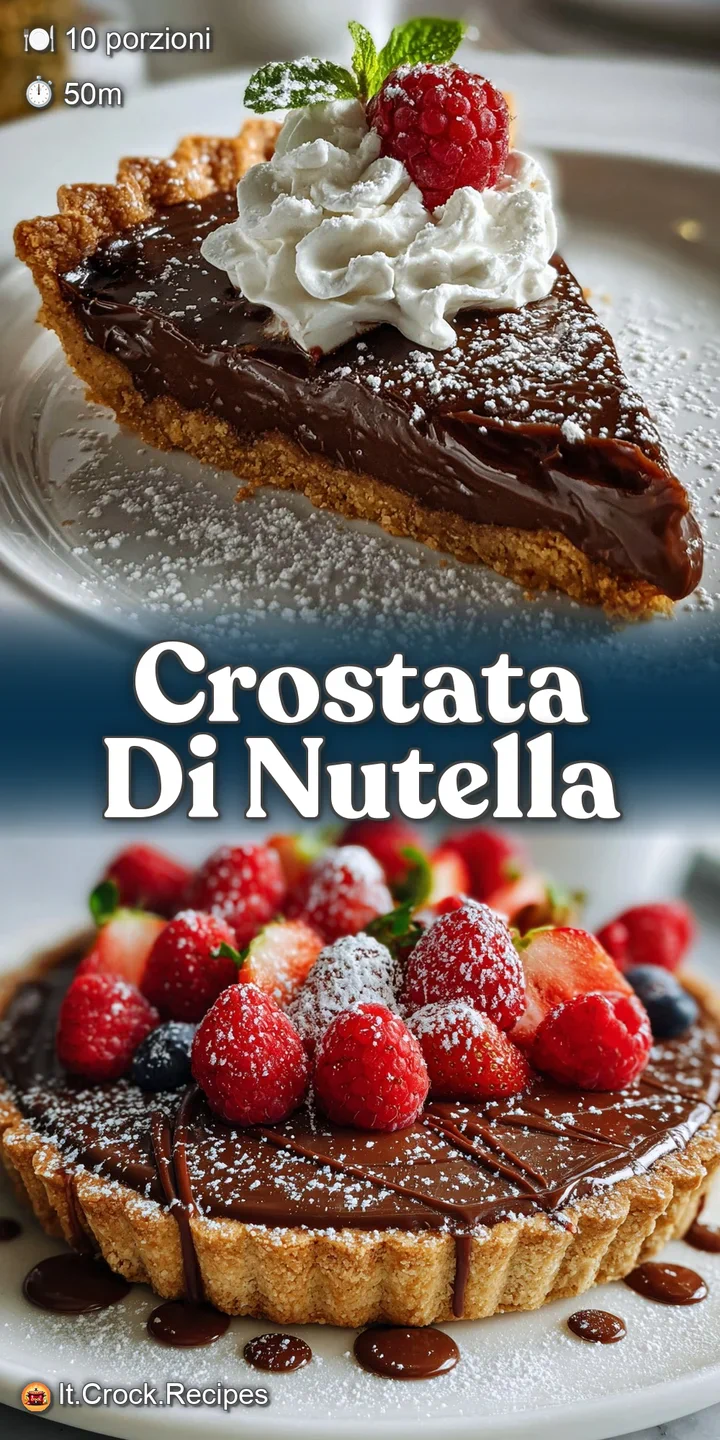 Close-up of a Nutella crostata. Swirls of chocolate hazelnut filling peek through a buttery, golden lattice crust. A tempt...