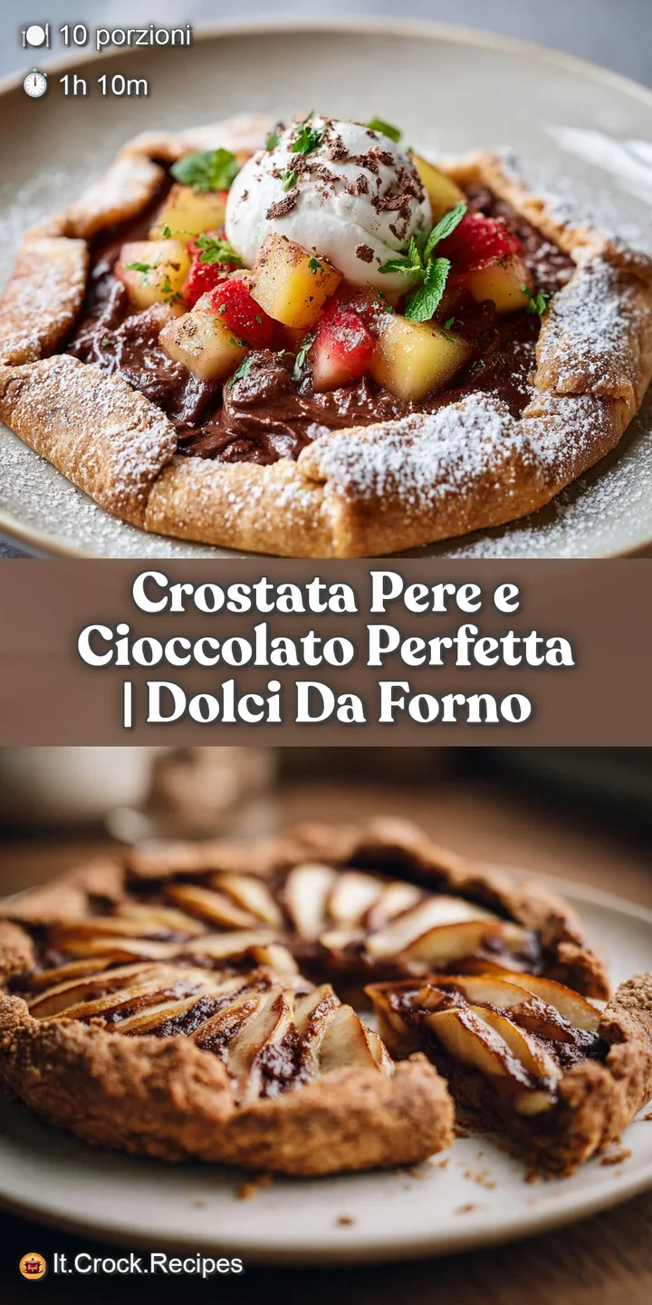 Close-up of pear and chocolate crostata. Dark chocolate swirls meet tender, caramelized pears under a flaky pastry crust.