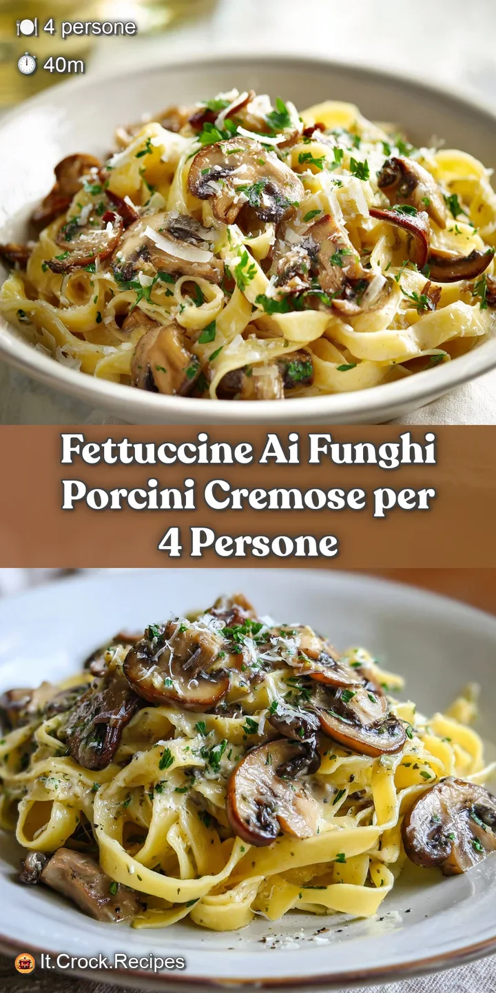 Close-up: Silky fettuccine noodles coated in a creamy sauce with hearty slices of porcini, a tempting, textural delight.