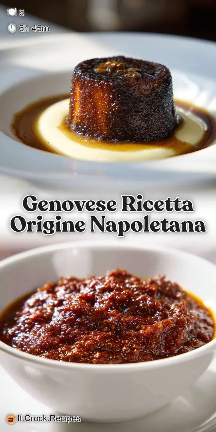 Close-up of Genovese sauce: browned meat shreds simmered, intensely flavorful and aromatic, coating strands of pasta.