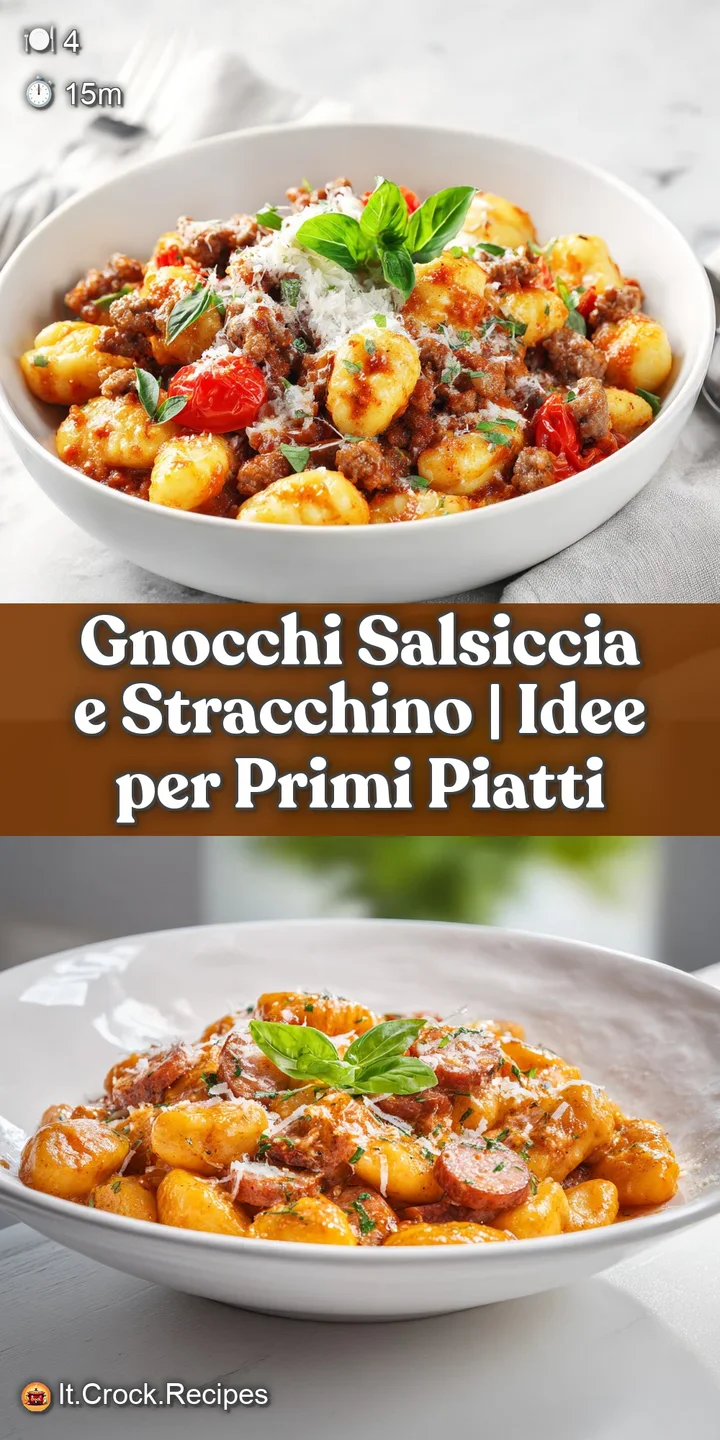 Close-up of pillowy gnocchi bathed in velvety, pale yellow sauce, studded with browned sausage bits.