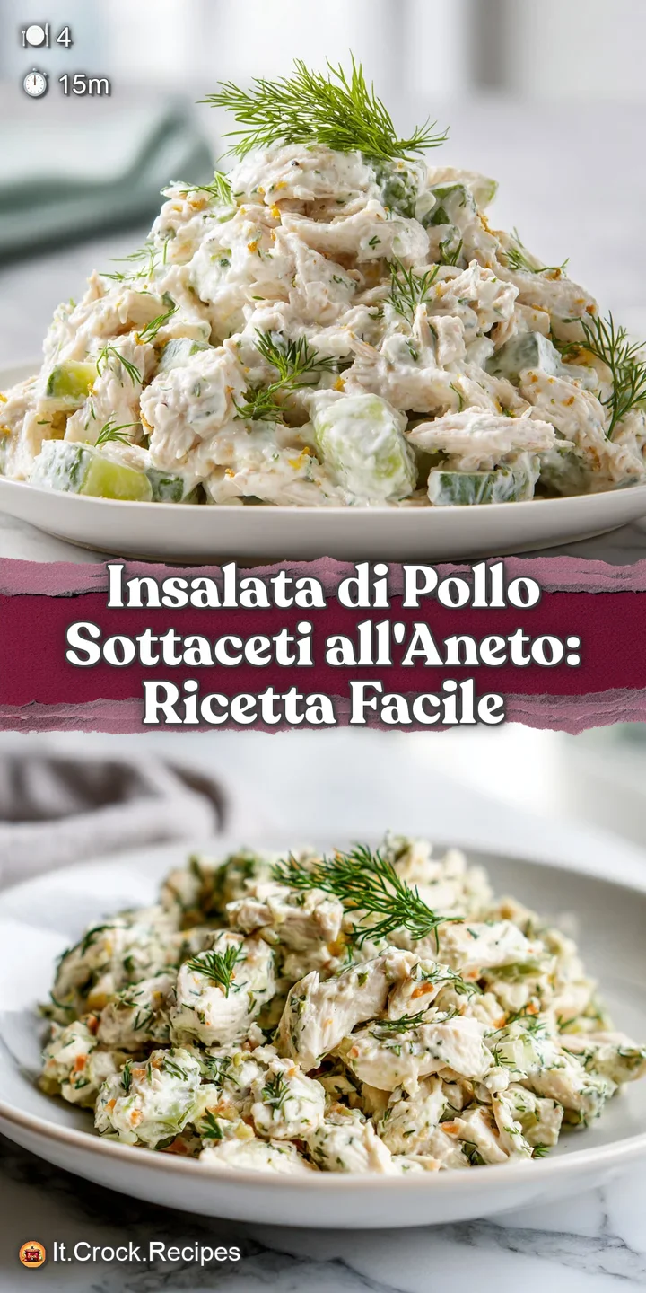 Close-up of creamy chicken salad, showcasing juicy chicken, crisp pickles, and fresh dill, inviting the viewer to taste it...