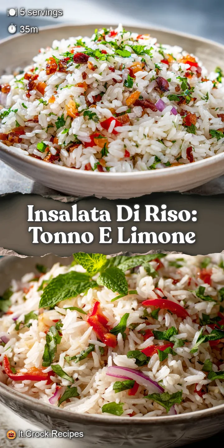 Close-up of a vibrant rice salad, highlighting glistening tuna, lemon zest, and glistening rice grains, promising a fresh ...