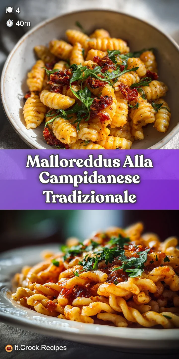 Close-up of Malloreddus pasta, highlighting the textured shells and the rustic, chunky tomato sauce with browned sausage c...