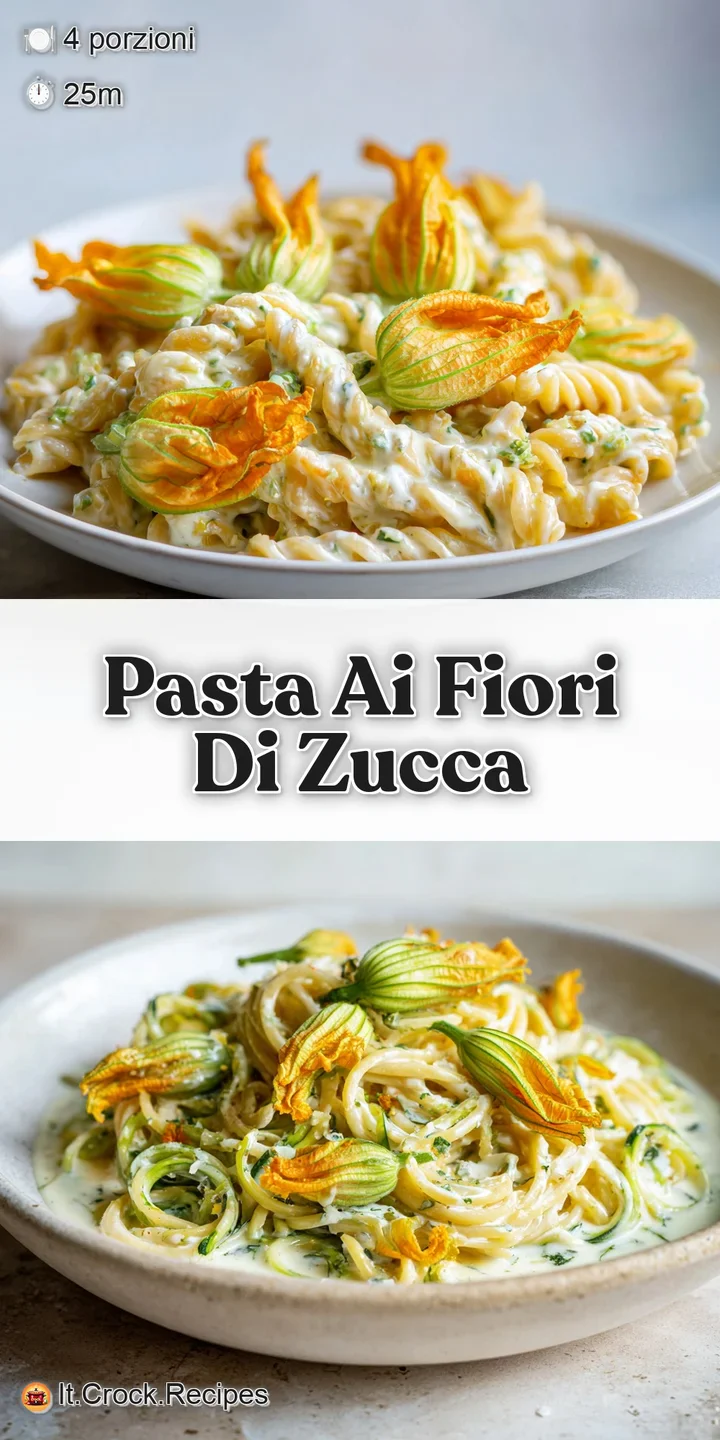 Close-up of perfectly cooked pasta coated in a creamy sauce, dotted with bright orange zucchini blossoms and vibrant green...