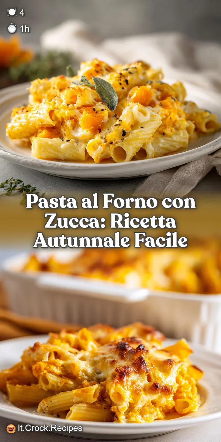 Close-up of bubbling, creamy pumpkin pasta al forno; browned cheese and herbs create an inviting autumn dish.