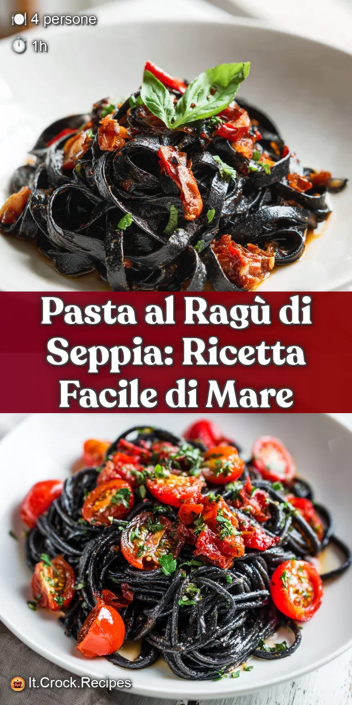 Appetizing close-up highlighting the glistening texture and rich color of cuttlefish ragu coating perfectly cooked pasta.