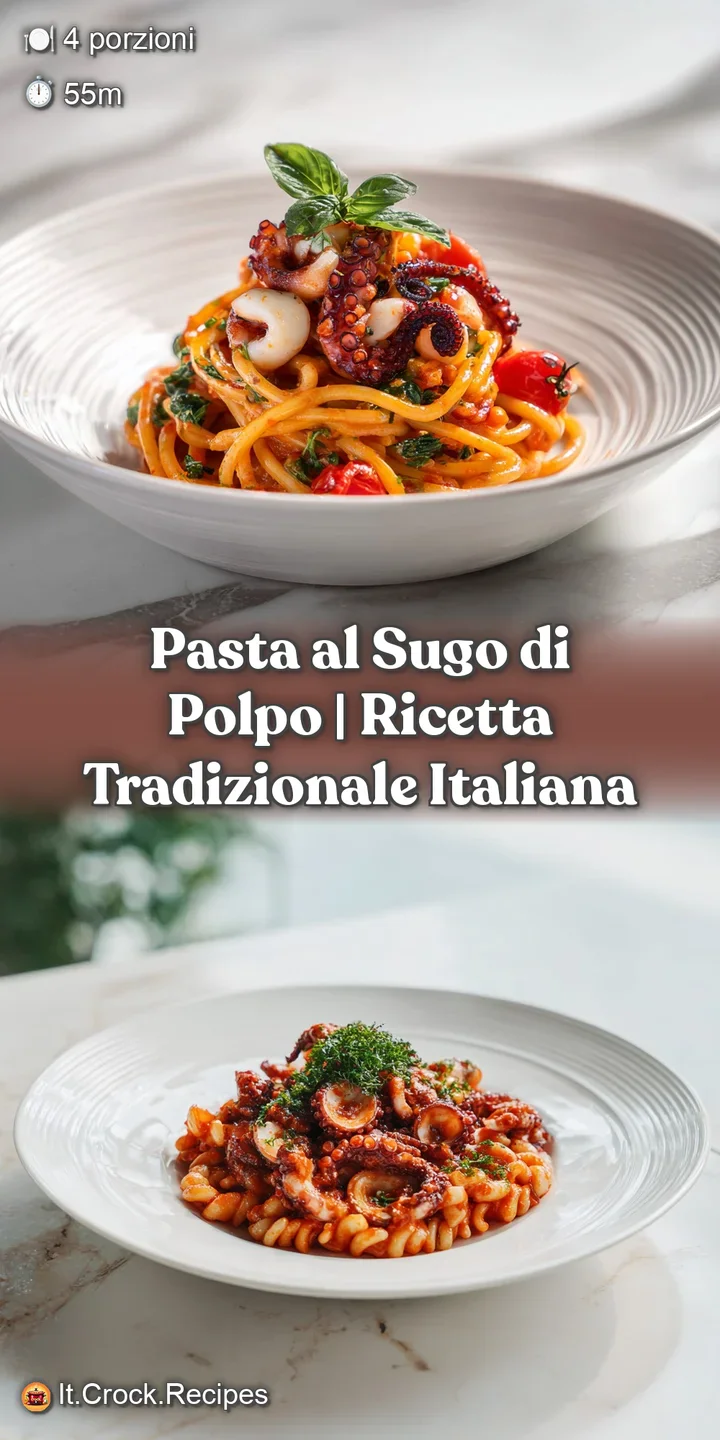 Close-up of succulent, slightly charred octopus pieces nestled in bright red, chunky tomato sugo with pasta.