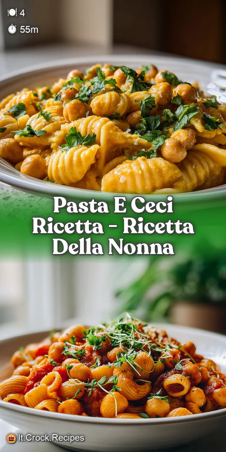 Close-up of comforting pasta e ceci; plump chickpeas nestled in a rich, creamy broth with a sprinkle of fresh herbs.