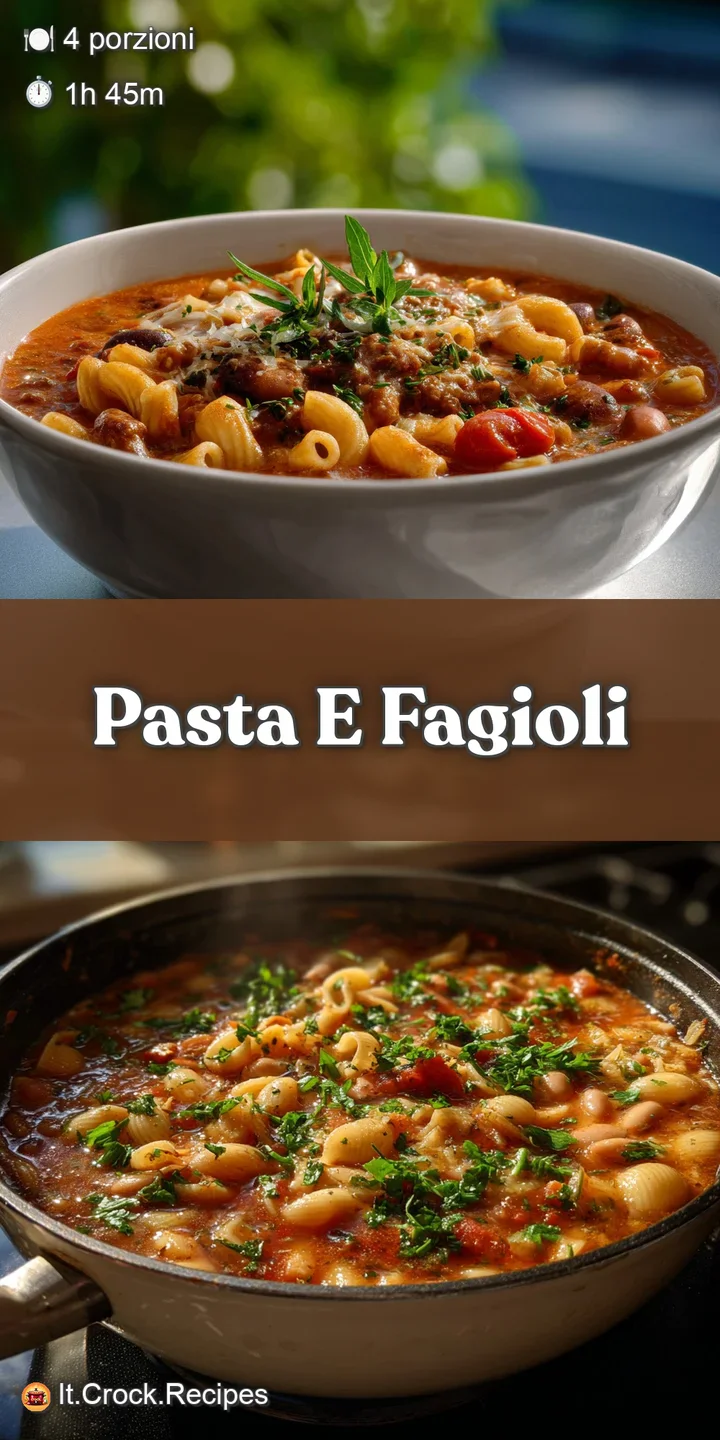 Appetizing close-up of pasta e fagioli. Soft pasta and beans mingle in a rich tomato broth, with a sprinkle of parmesan.