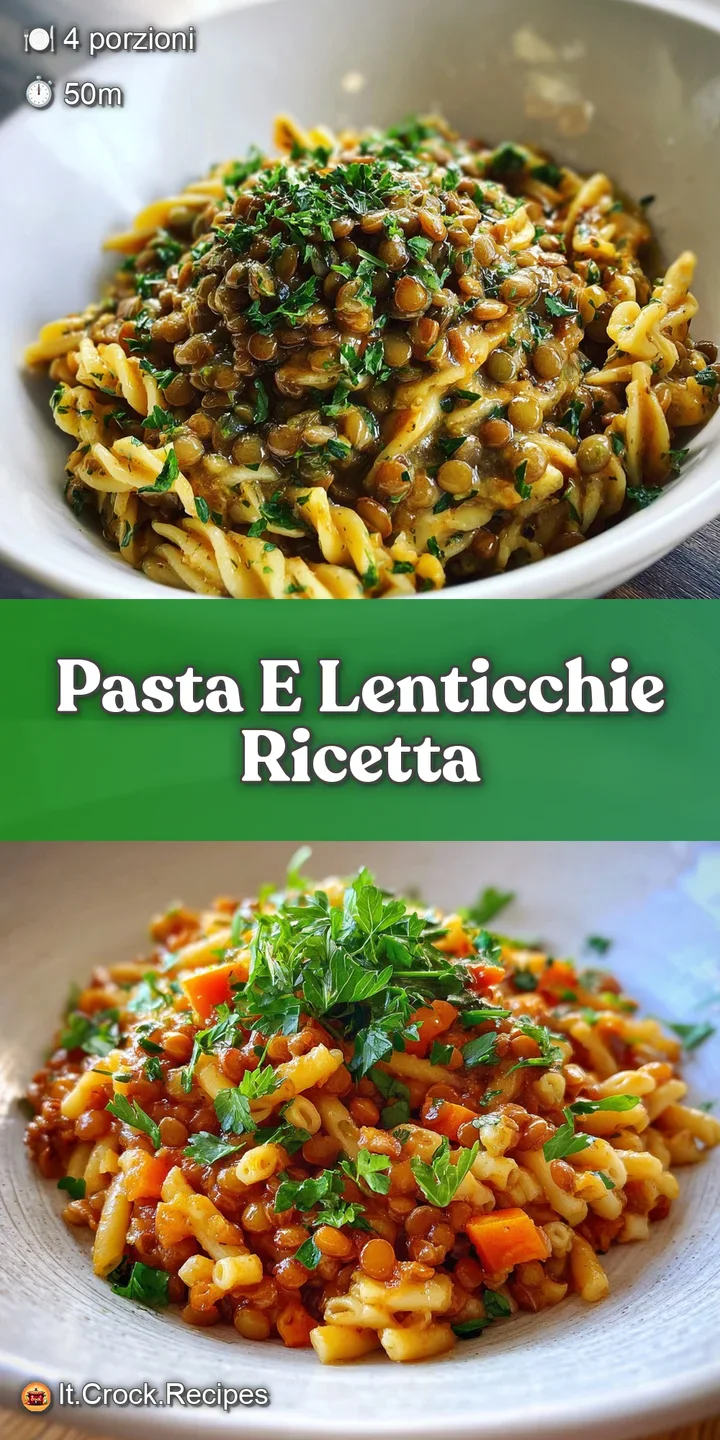 Close-up of creamy pasta and lentils, the surface glistening, flecked with herbs; hearty and deeply flavorful comfort food.