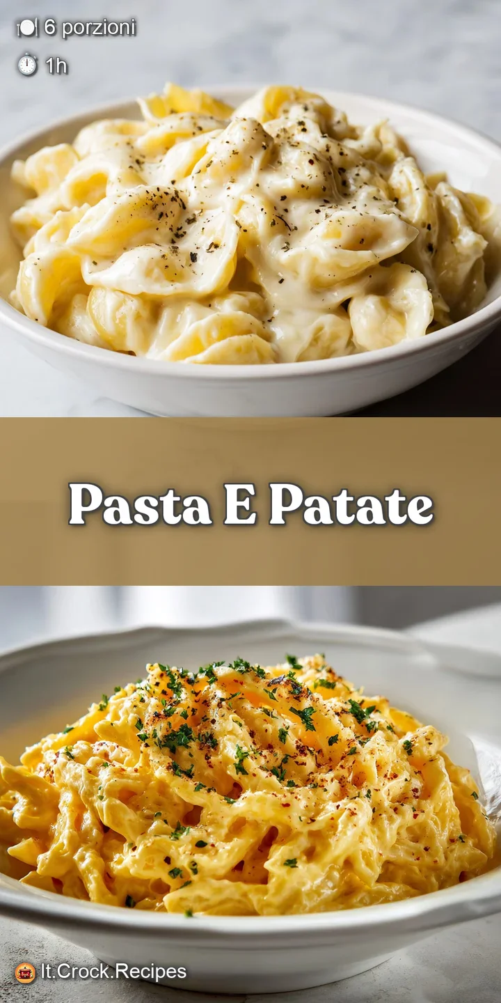 Close-up of comforting pasta and potatoes. Starchy broth coats the tender ditalini pasta and soft potato pieces, with fres...