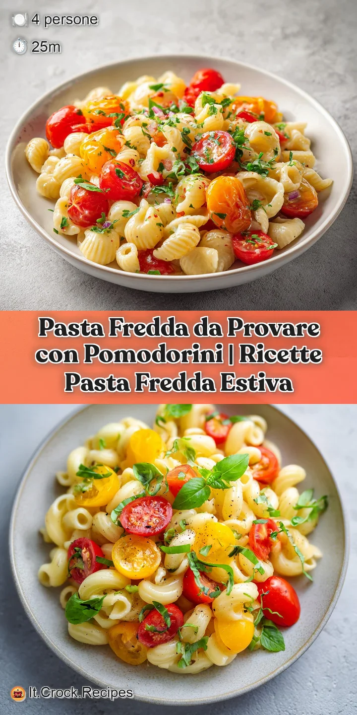 Close-up of chilled pasta intertwined with glistening cherry tomatoes and aromatic basil leaves.