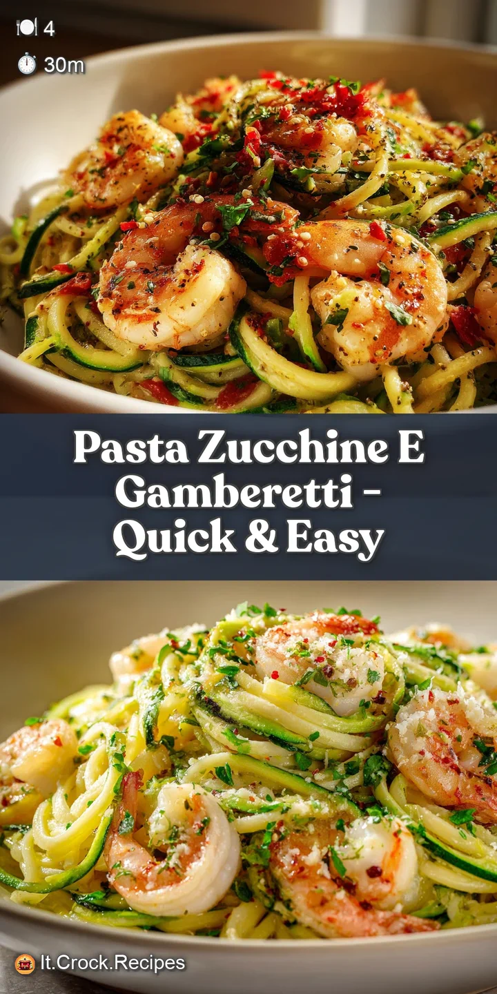 Close-up of tender shrimp nestled among zucchini strands and perfectly cooked pasta, glistening with savory sauce.