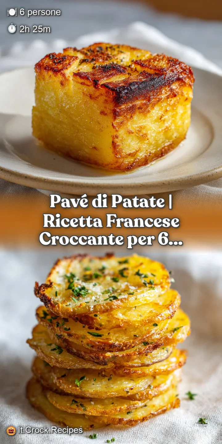 Close-up of a tender potato pav&eacute; slice, revealing flaky layers and a rich, golden crust.