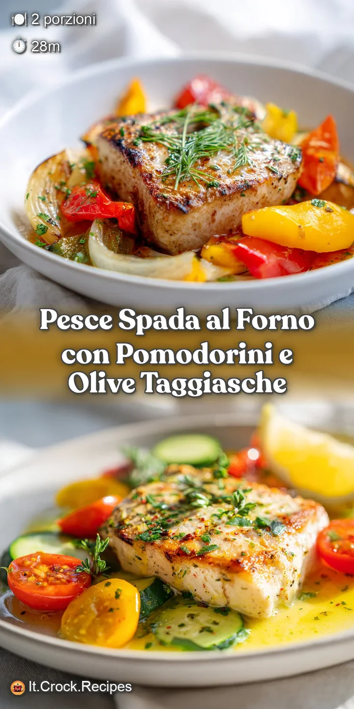 Close-up of tender swordfish steak, the surface glistening. Sweet, sun-ripened cherry tomatoes burst with juice in warm ol...