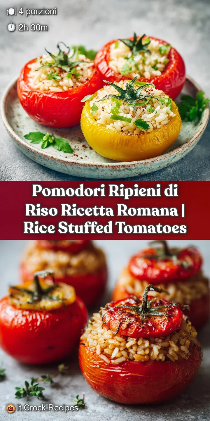 Close-up of plump, baked tomatoes revealing a rich, savory rice filling with vibrant herb flecks.