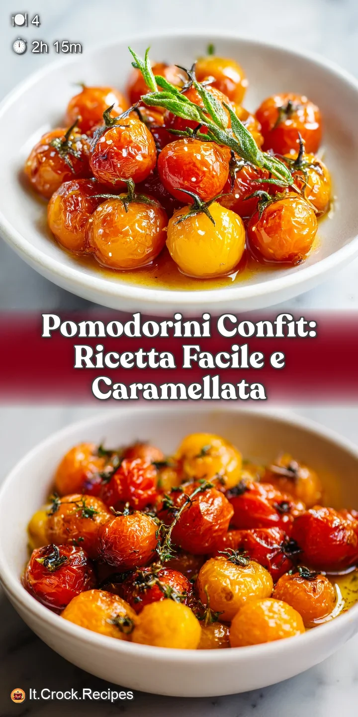 Close-up of plump, juicy confit cherry tomatoes, their skins slightly wrinkled and bursting with caramelized sweetness and...