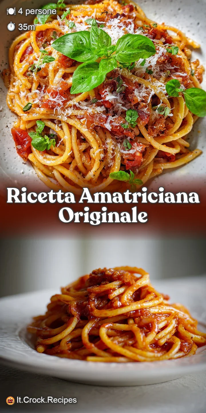 Close-up of Amatriciana: Thick, textured tomato sauce coats al dente pasta, with crispy guanciale bits and coarse ground p...