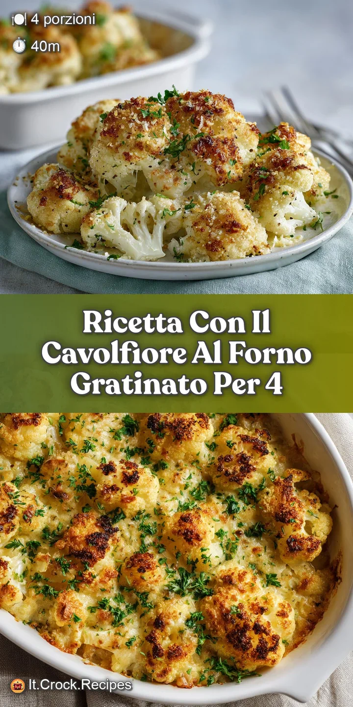 Close-up of golden, cheesy baked cauliflower, its browned crust offering delicious texture, ready to eat with herbs visibl...