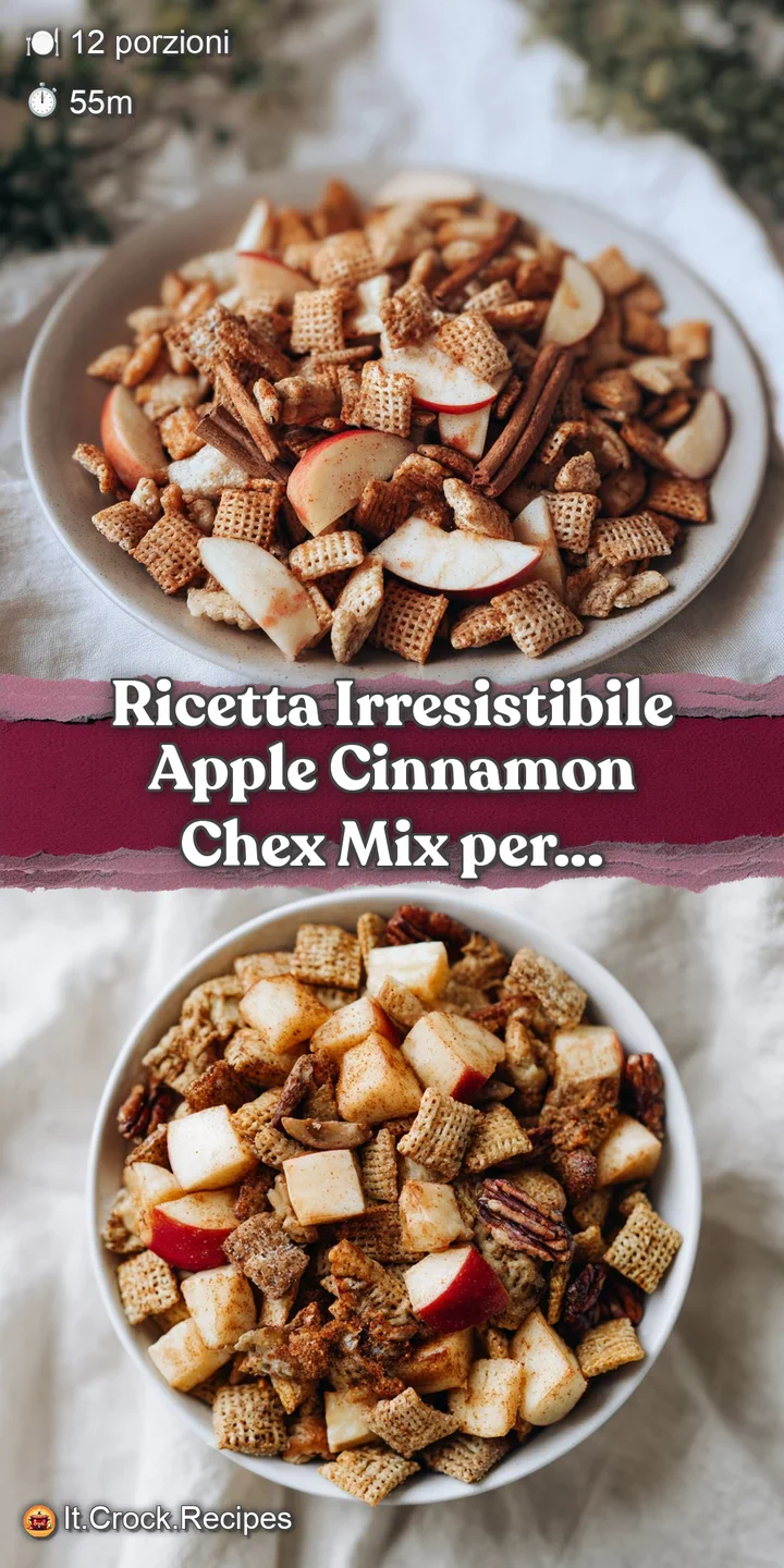 Close-up of apple cinnamon Chex mix showing the crunchy texture, glistening glaze, and apple bits.