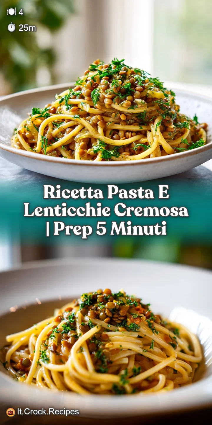 Close-up of comforting pasta and lentils, steaming gently with fragrant herbs. The textures of the dish and glossy surface...