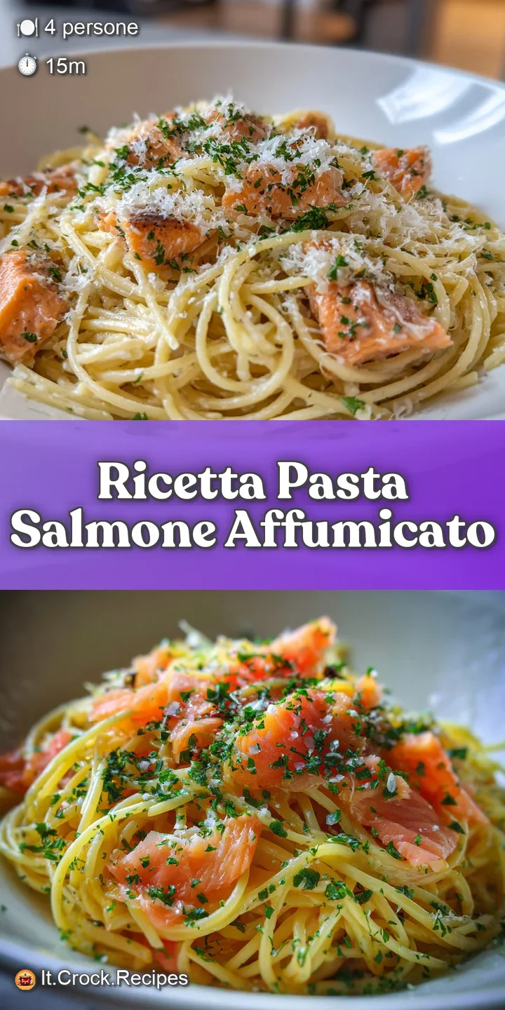 Close-up of creamy salmon pasta. Swirls of sauce cling to each strand, studded with pink smoked salmon and vibrant green d...