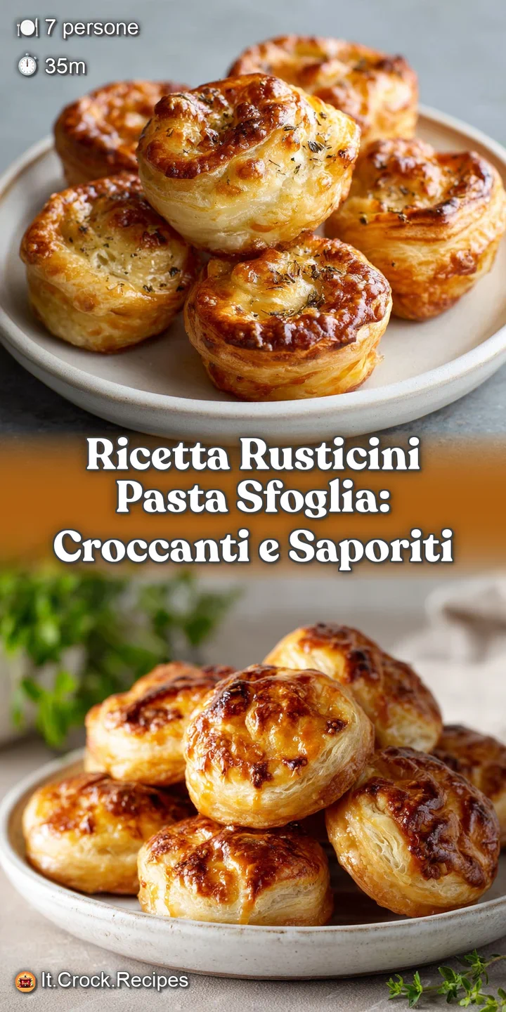 Close-up shows the golden-brown, layered texture of a rusticino. Light catches the flaky edges, promising a delicious, sav...