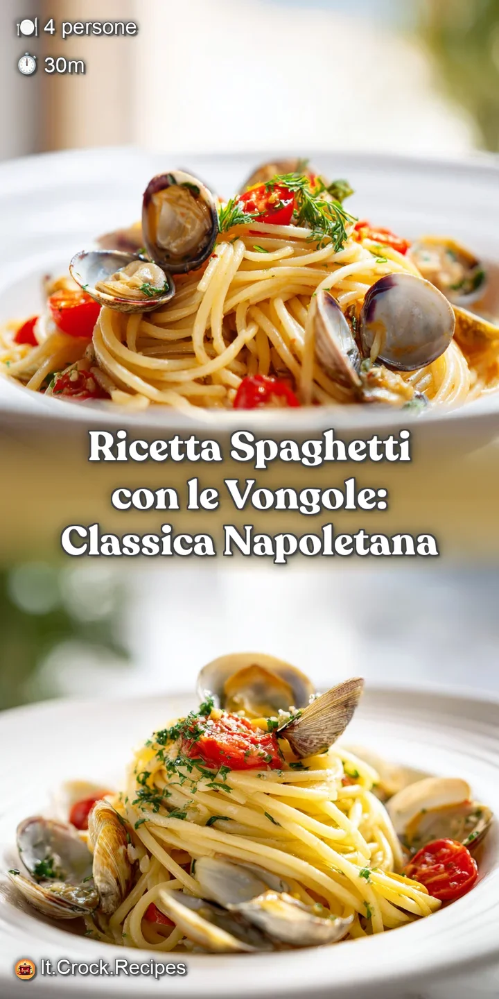 Close-up of glistening spaghetti con vongole; plump, open clams and a light scattering of parsley create an inviting image.