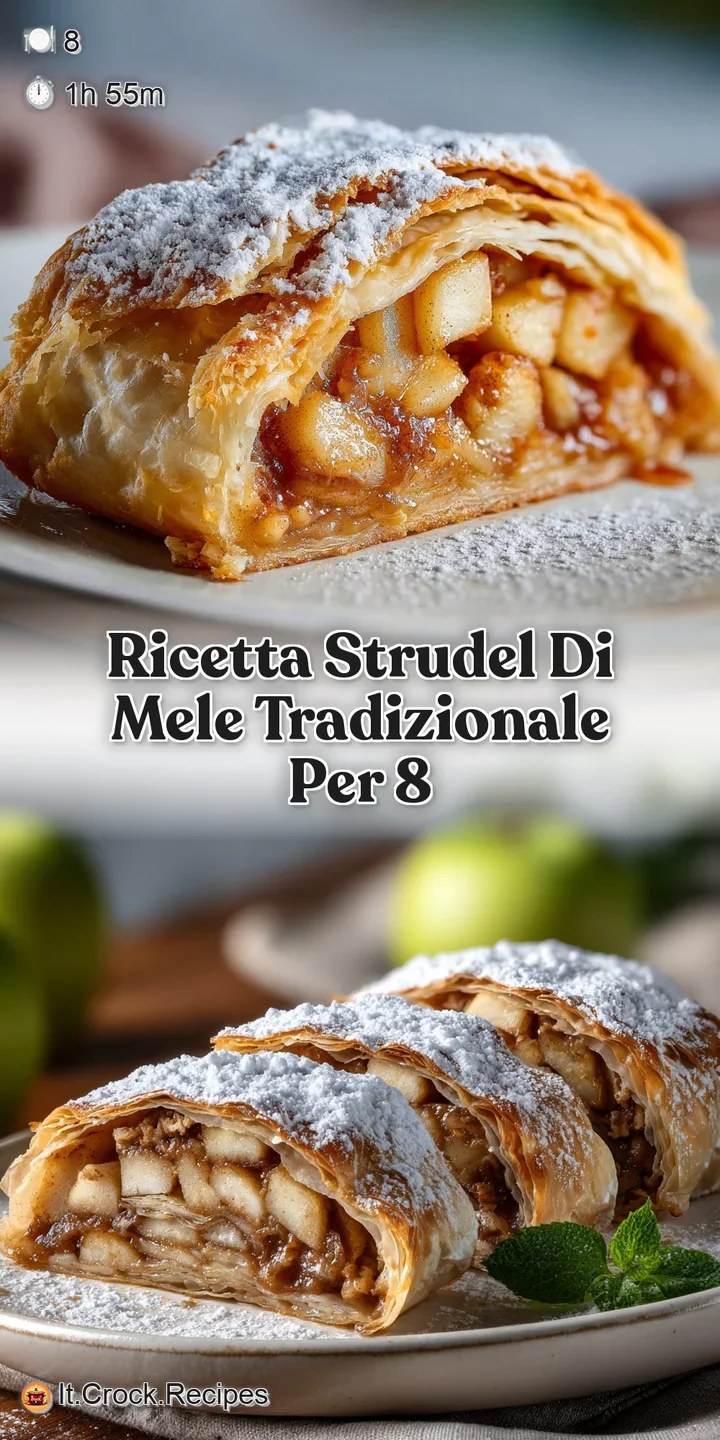 Up-close, flaky layers of warm apple strudel with a light dusting of sugar. The filling of tender, spiced apples peeks thr...