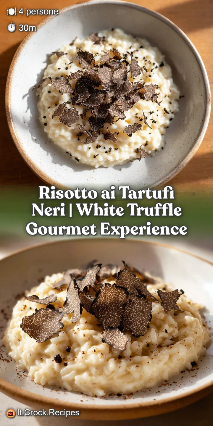 Extreme close-up of velvety, glistening rice grains topped with earthy, dark truffle slivers and a hint of steam.