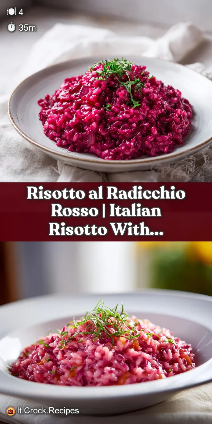 Close-up of luscious, creamy radicchio risotto, showing individual grains and a glossy sheen.