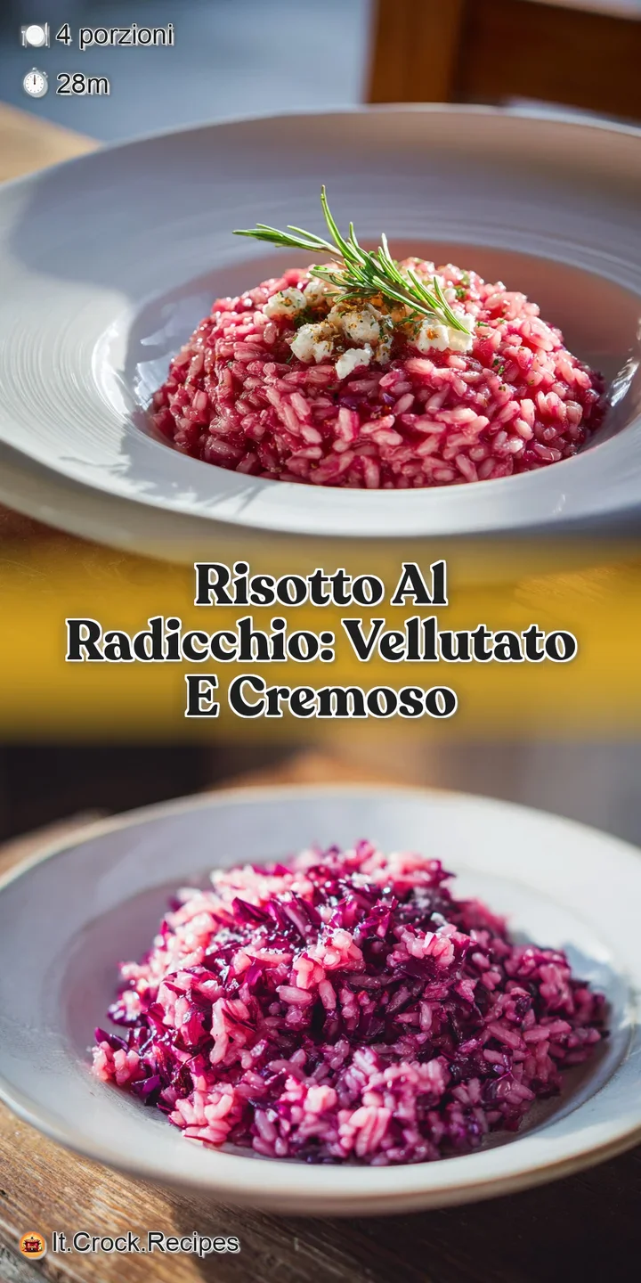 Close-up: Creamy, pearly risotto grains mingled with wine-stained radicchio, a tempting, satisfying texture you can almost...
