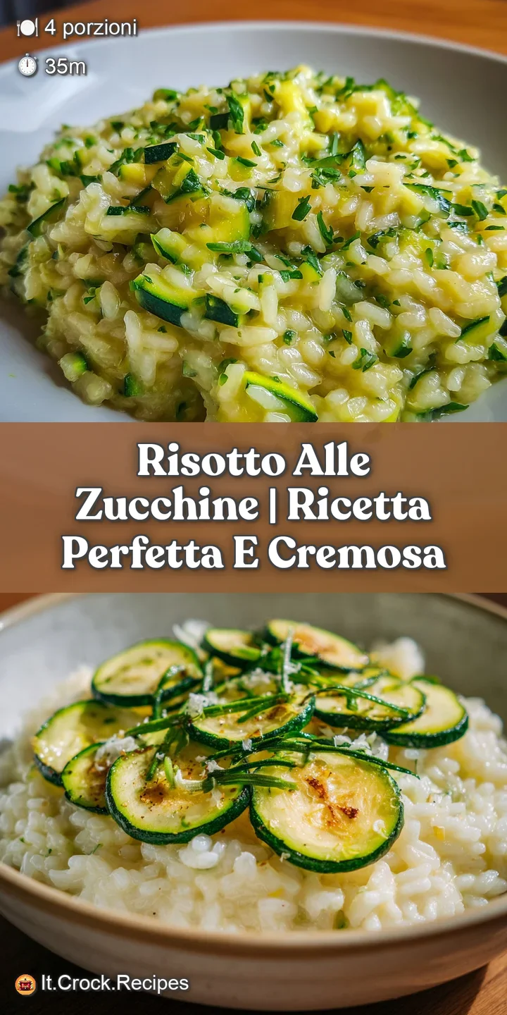 Close-up of rich, green zucchini risotto with visible grains of rice. Glistening cheese and fragrant steam create inviting...