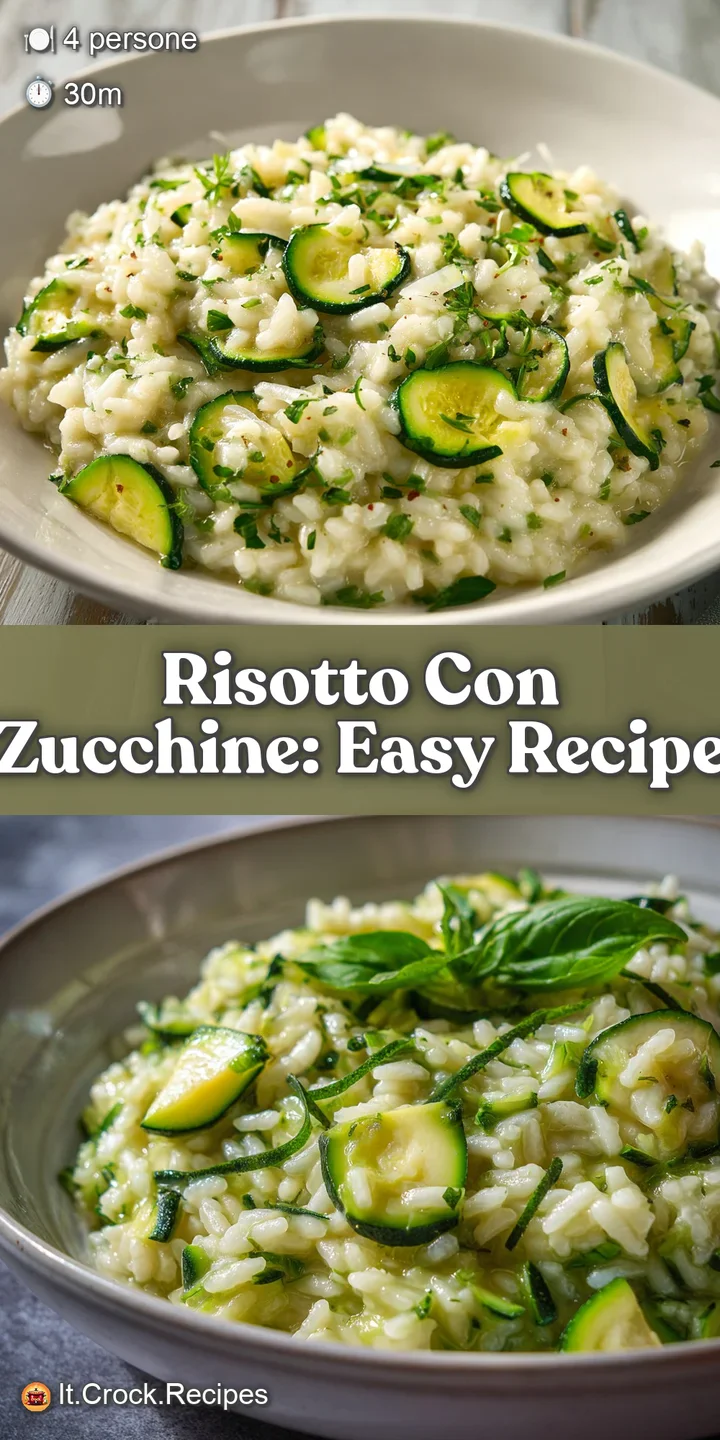 Close-up reveals al dente risotto; creamy texture interspersed with tender zucchini coins. Aromatic steam whispers of summ...