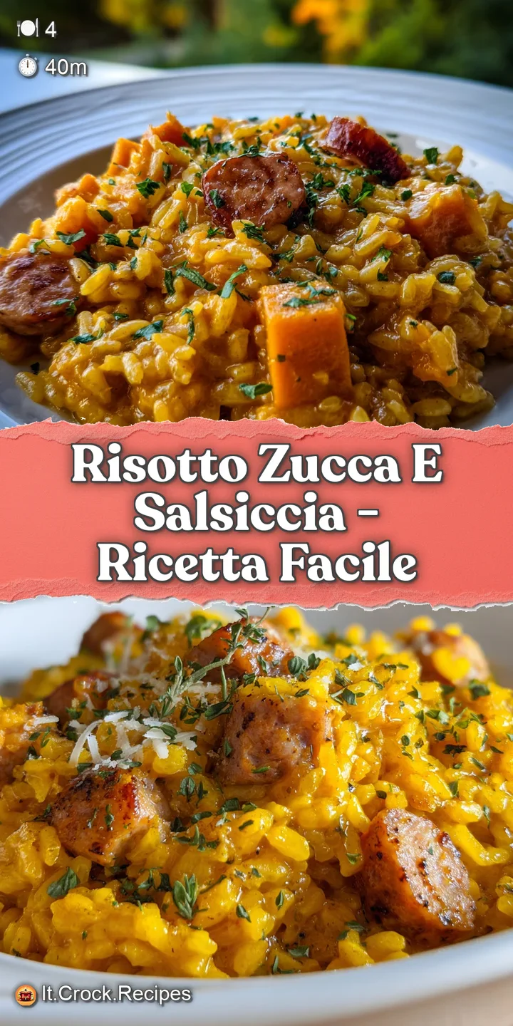 Close-up of creamy risotto: glistening pearls of rice, savory sausage crumbles, and tender chunks of sweet, colorful squash.