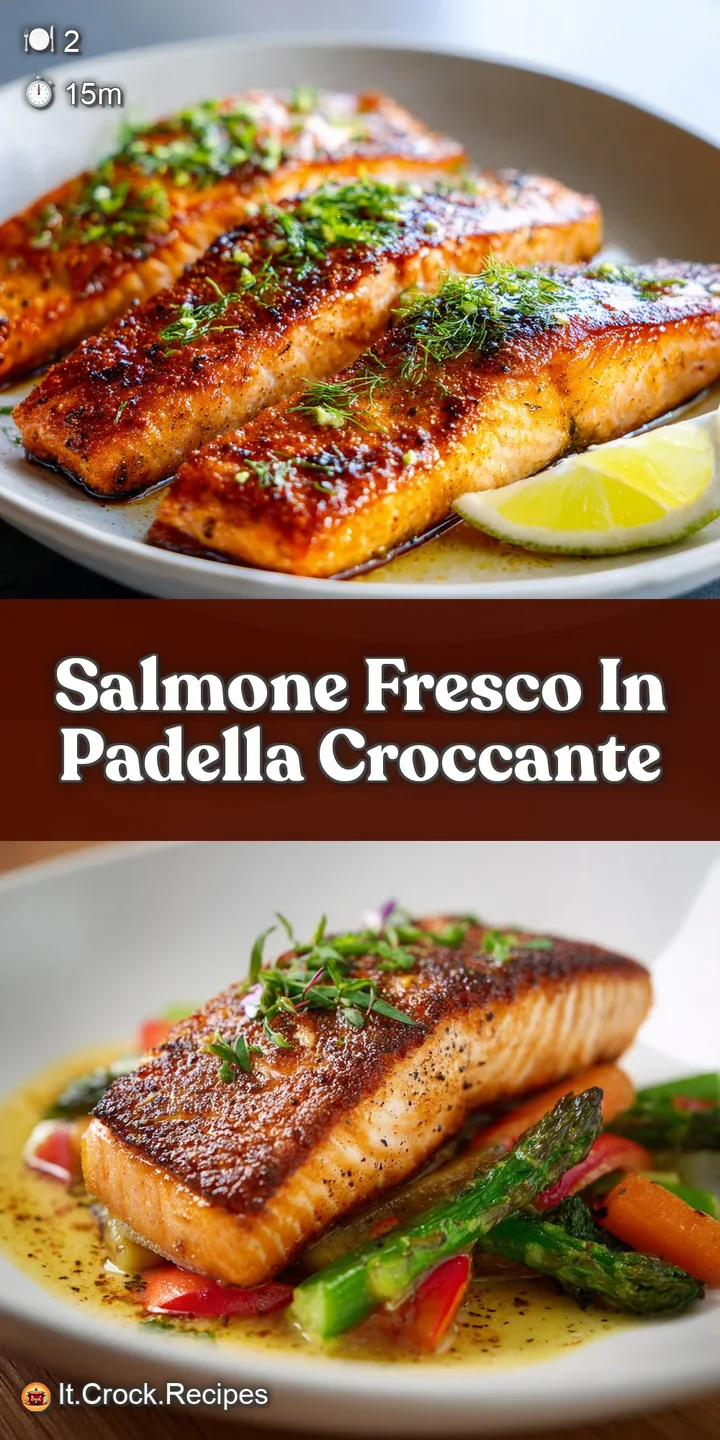 Close-up of flaky, moist salmon with golden-brown edges and speckled herbs. Vibrant vegetables offer a burst of color.