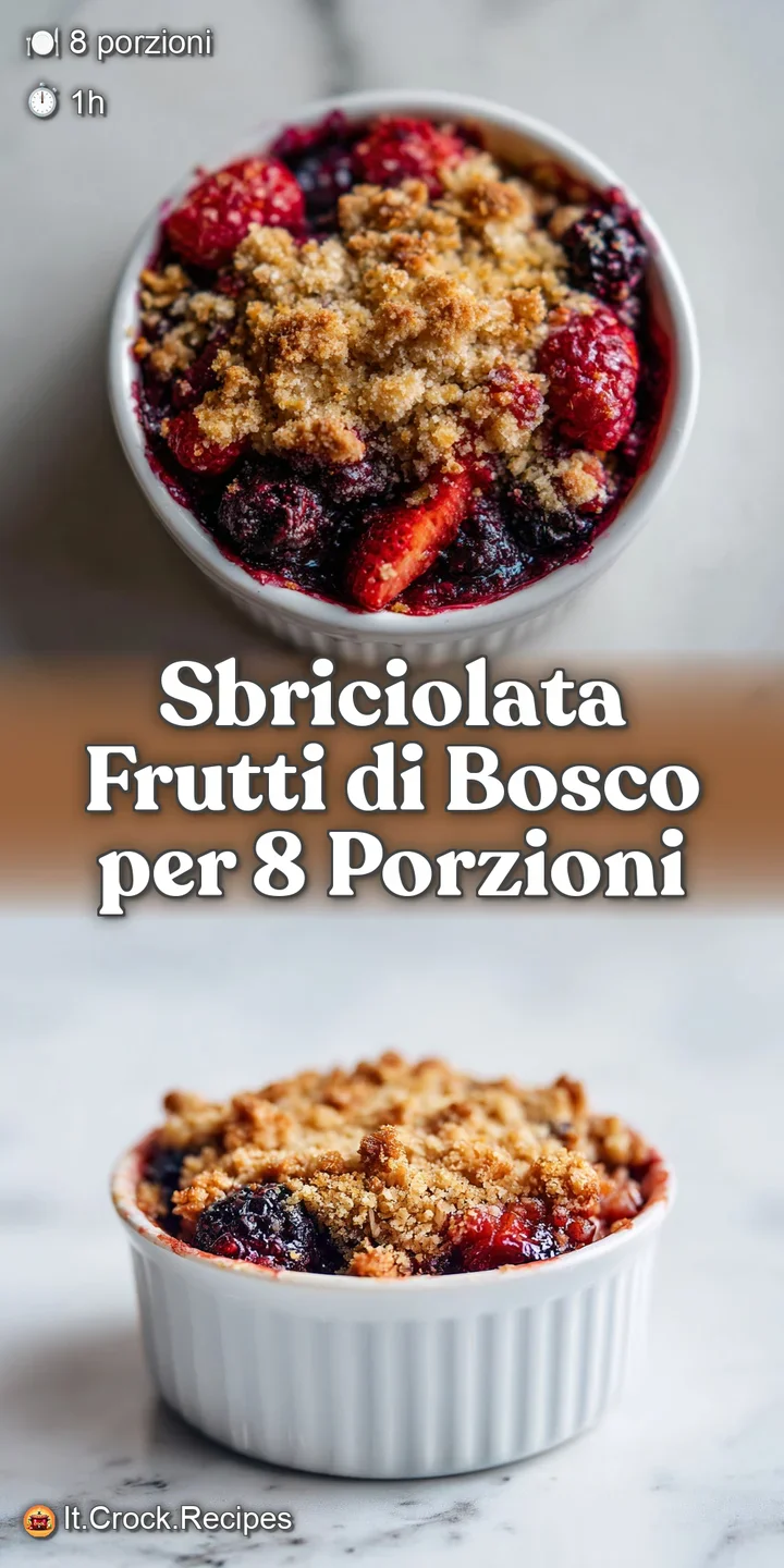Close-up of sbriciolata filled with a mix of ripe berries. The sugary, crumbly texture of the crust is highlighted in the ...