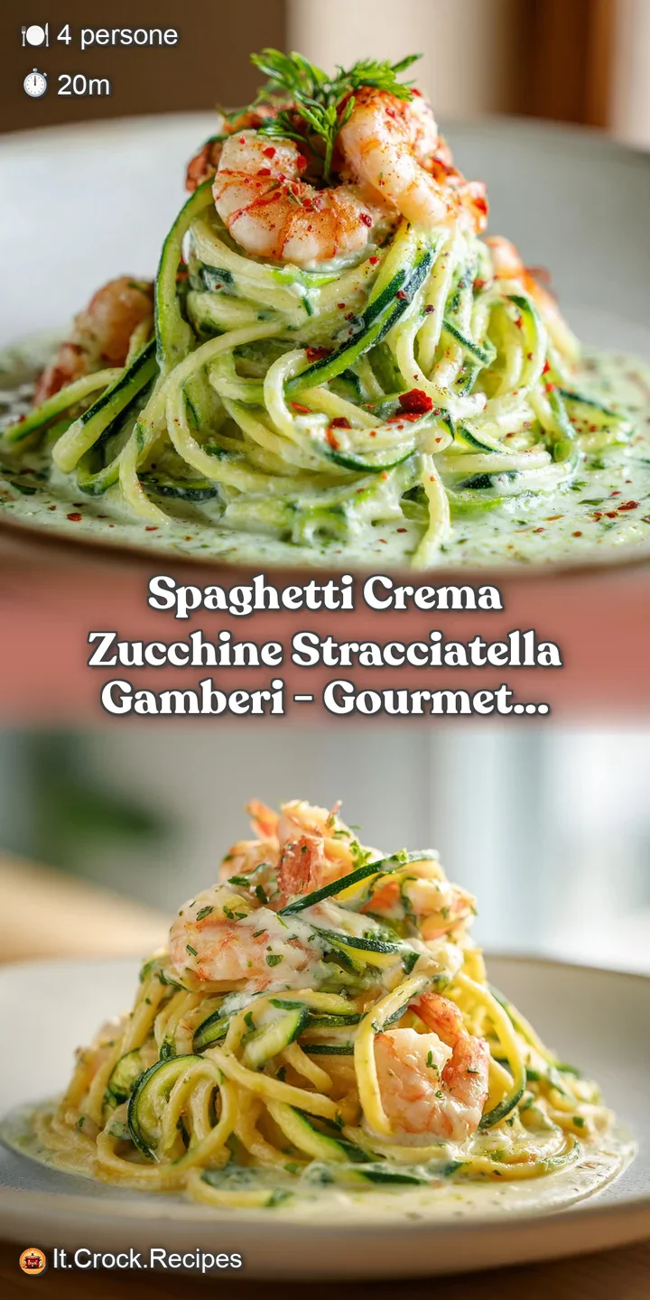 Close-up of glossy pasta intertwined with tender zucchini and succulent shrimp, glistening.