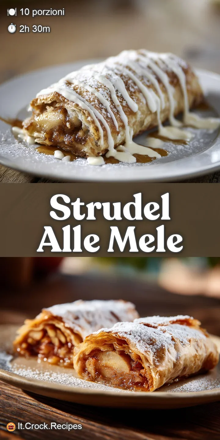 Close-up reveals the flaky, buttery crust of warm apple strudel, with hints of cinnamon. A tempting, sweet aroma seems to ...
