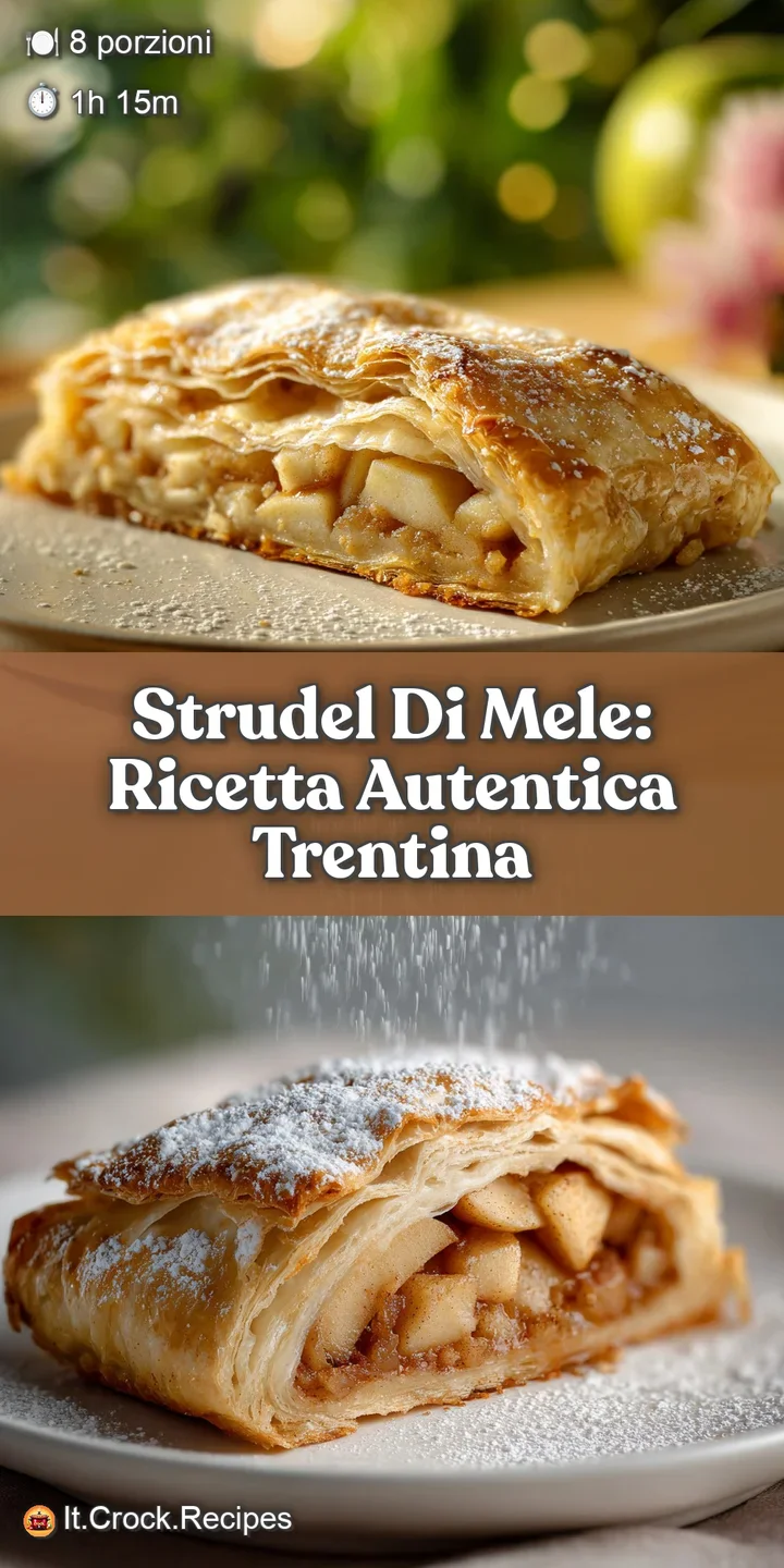 Close-up of a freshly baked apple strudel, showcasing the delicate layers of dough and sweet, caramelized apple filling.