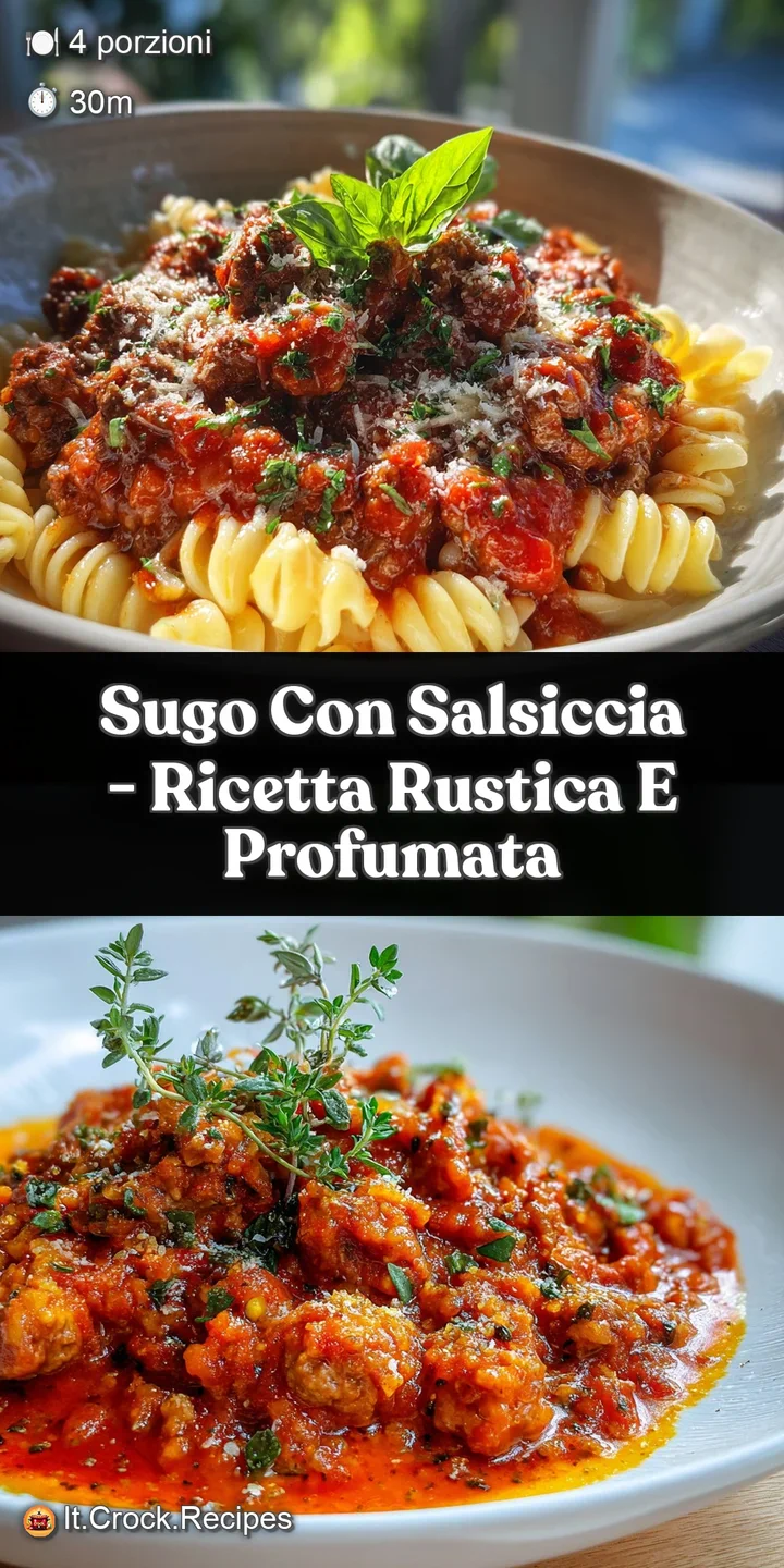 Close-up of chunky sausage ragu, showcasing browned sausage crumbles and tender tomato pieces. Visually rich and inviting.