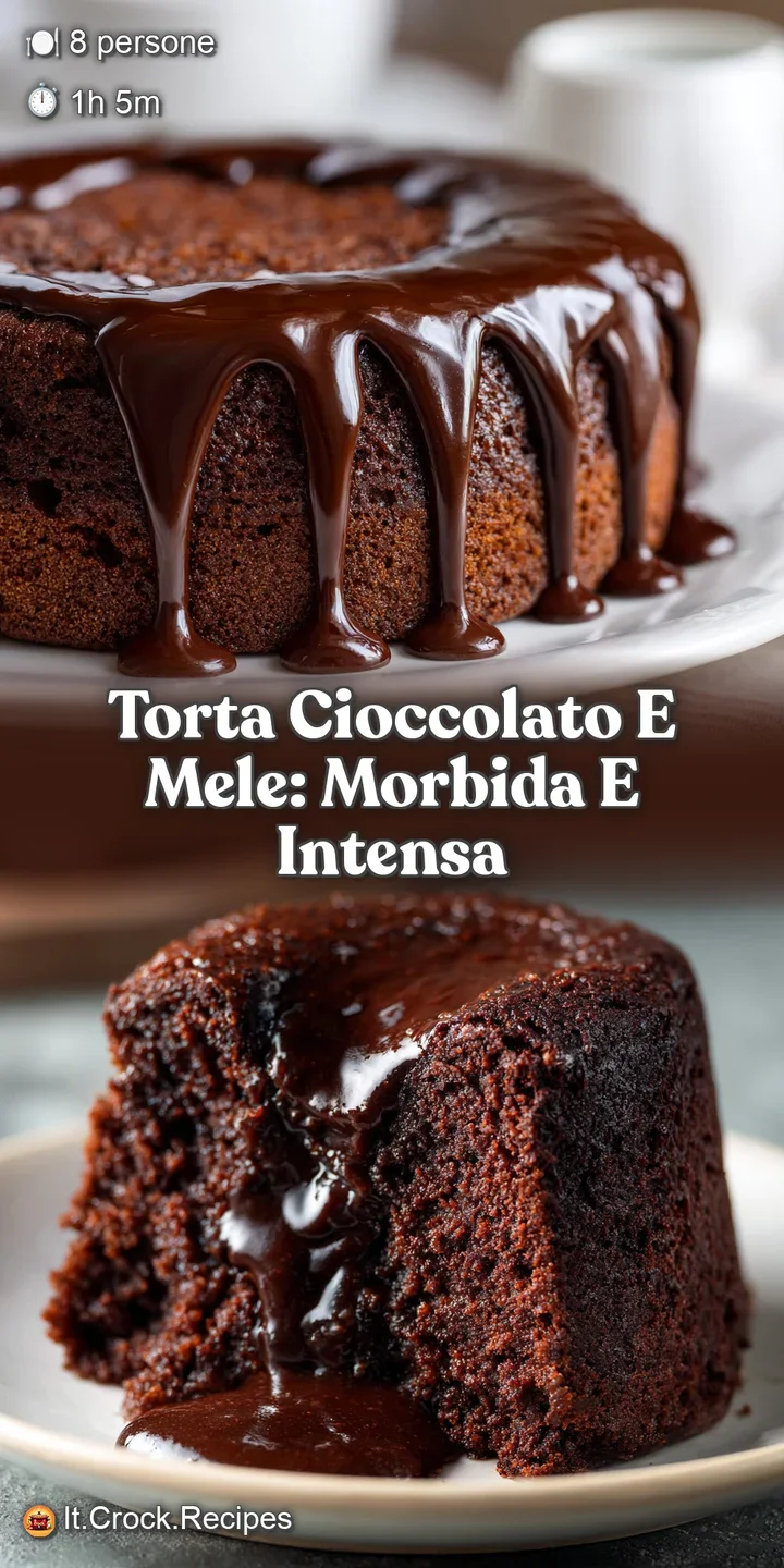 Close-up of a deeply chocolatey cake with visible, juicy apple pieces. A tempting, moist texture invites a delicious first...