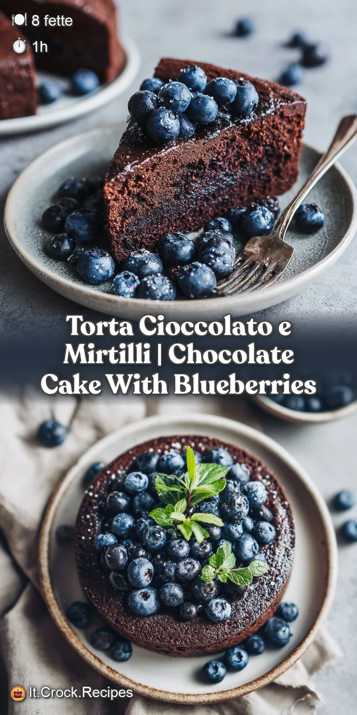 A close-up reveals the moist, dark texture of chocolate cake studded with vibrant blue blueberries, hinting at a rich, dec...