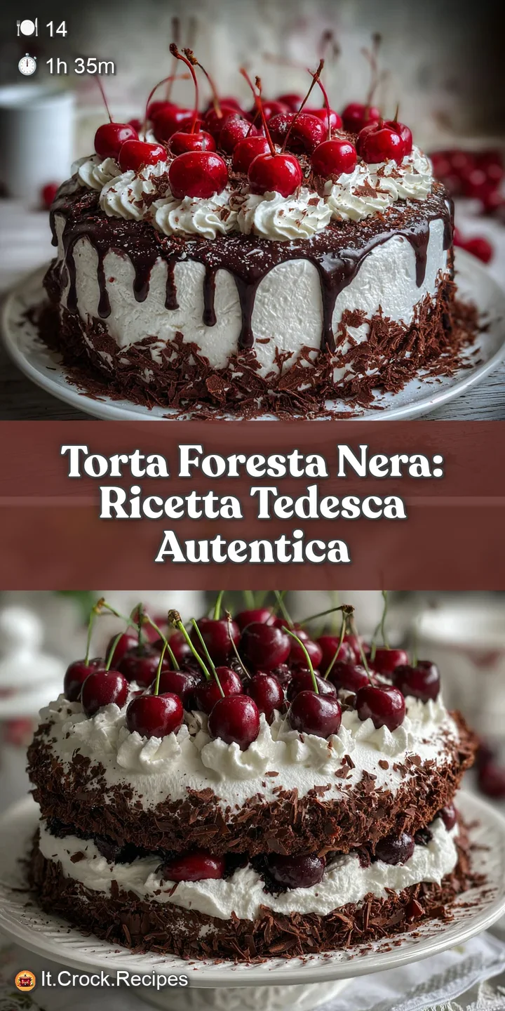 Close-up of a decadent slice of Black Forest cake. See the rich chocolate, creamy layers, and plump, glistening cherries.