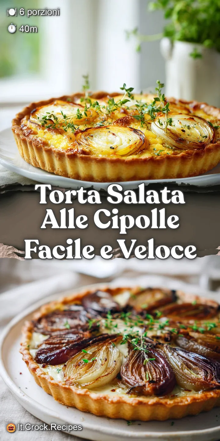 Close-up of Torta Salata Alle Cipolle, revealing the soft, caramelized onions nestled in the golden flaky crust, glistenin...